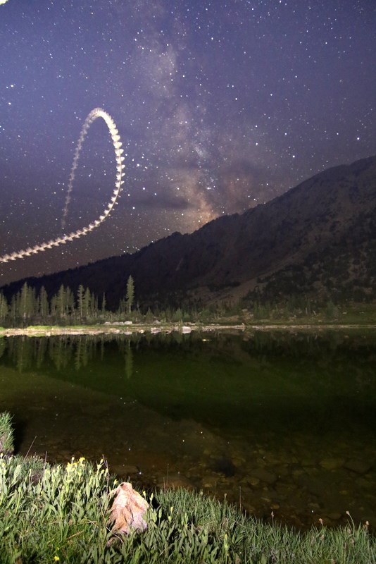 Pattern of bat flight lit up as it loops through the night sky, with Milky Way in the background.