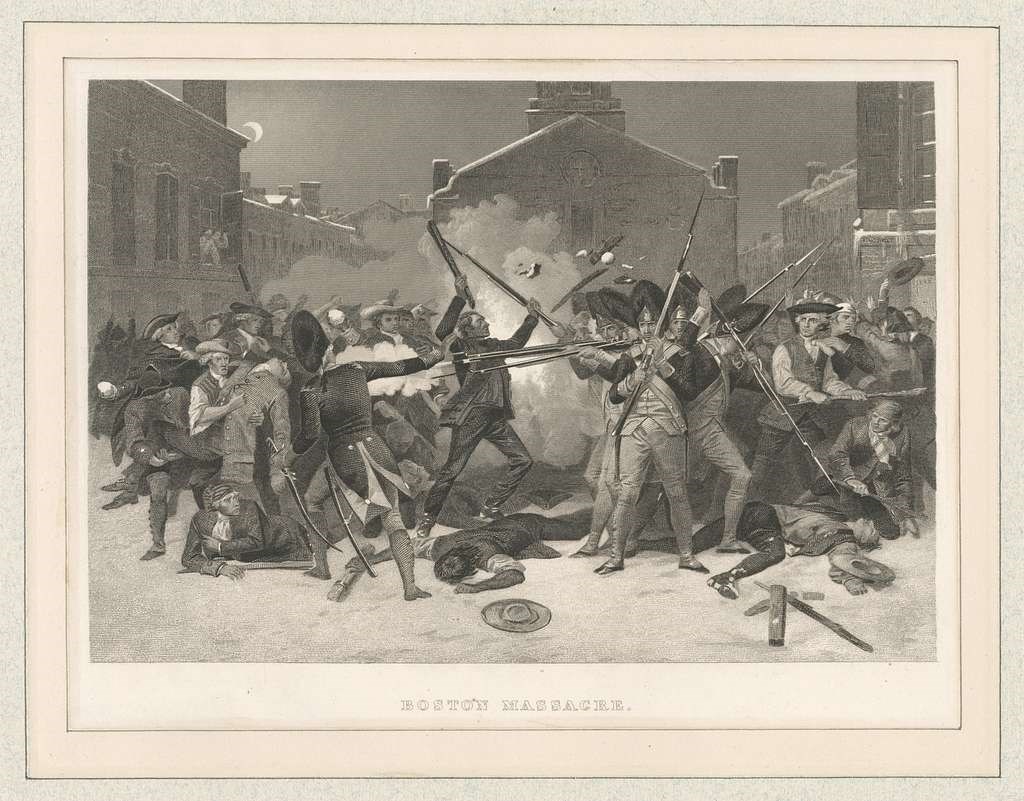 Image of the Boston Massacre. Citizens with clubs and bricks face off against British soldiers firing guns. Cloud of smoke encircles people