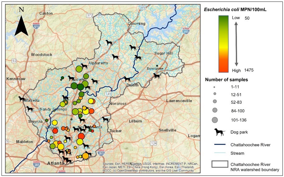 Map showing the watershed location/boundary with the river running through it and many smaller waterways, as well as dog park locations and the sampling locations and results (E. coli concentrations). In general, E. coli conc are higher closer to Atlanta.