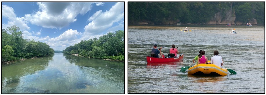 Left: View of the river, with green woods on both sides, under a blue sky with puffy, white clouds. Right: Photo of the river with people in canoes, kayaks, and rafts in the foreground and background.