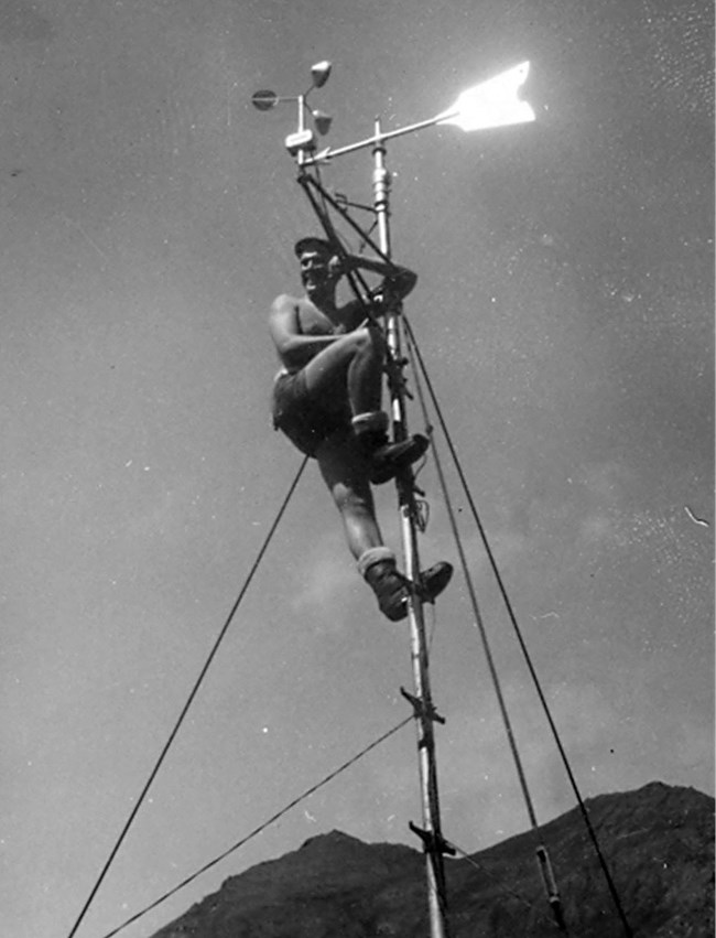 Black and white photo of a shirtless man, wearing short shorts, posing jauntily at the top of a metal post with a shining arrow on top.