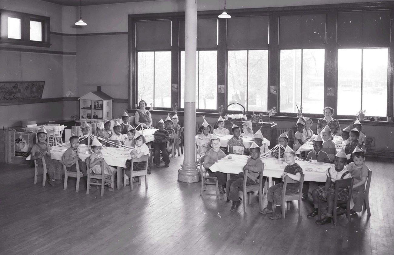 Kindergarten class party Clark school in Flint, Michigan, circa 1945