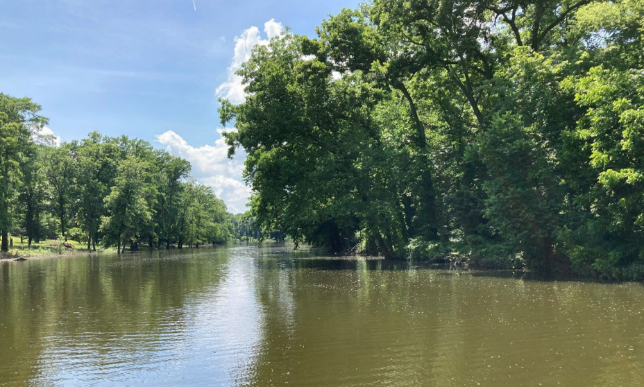 Serene landscape with a foreground consisting of lush, green field with well-maintained grass and a gentle slope of a line of trees on both sides of a river.