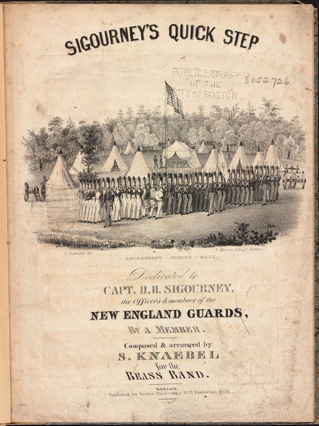 Illustrated cover depicting rows of soldiers standing around tents and a flag pole under the title "Signourney's Quick Step."
