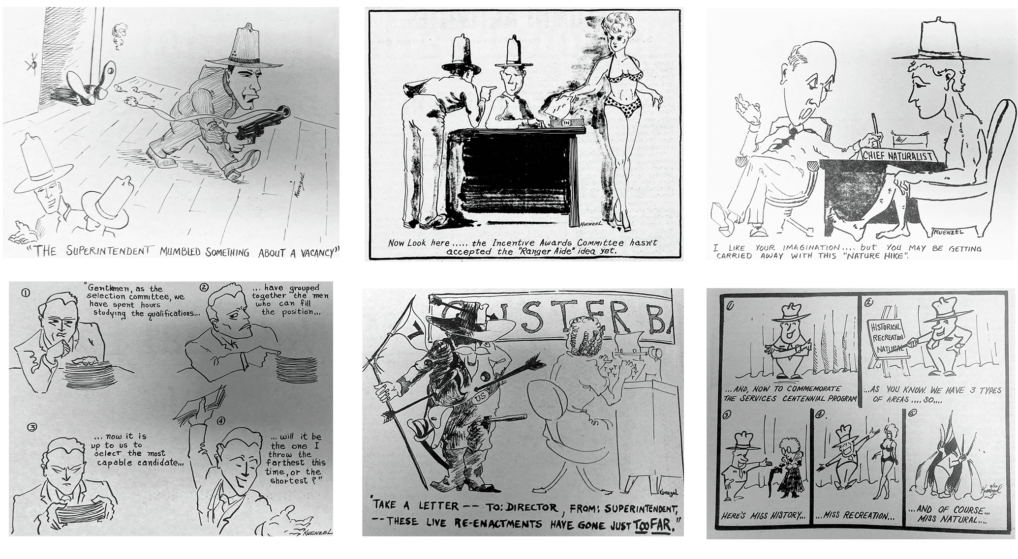 Six separate cartoon panels depicting NPS scenes