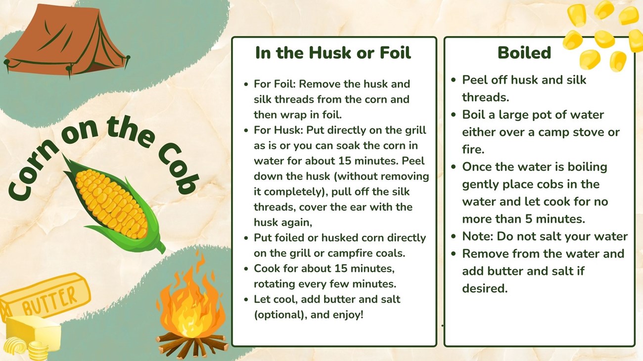 recipe card of campfire corn with multiple ways of how to cook corn on a campfire