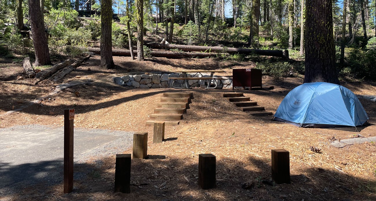 Campsite with two levels. A blue tent is on the lower level and two parallel sets of six wooden steps lead to a picnic table and food locker