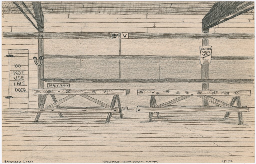 A pencil drawing of a room with two tables with scuff marks. There is a row of blackboards on the back wall. A door on the left is labeled “Do Not Use This Door.” Three other signs are posted in the room but are hard to read.