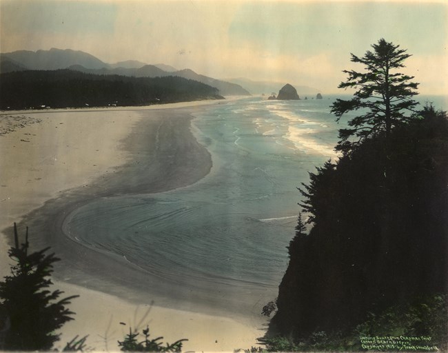 View from a high point, looking down at a sandy coastline meeting the ocean. Small rock protusion in water on right-hand side, with forested hills behind the coast.