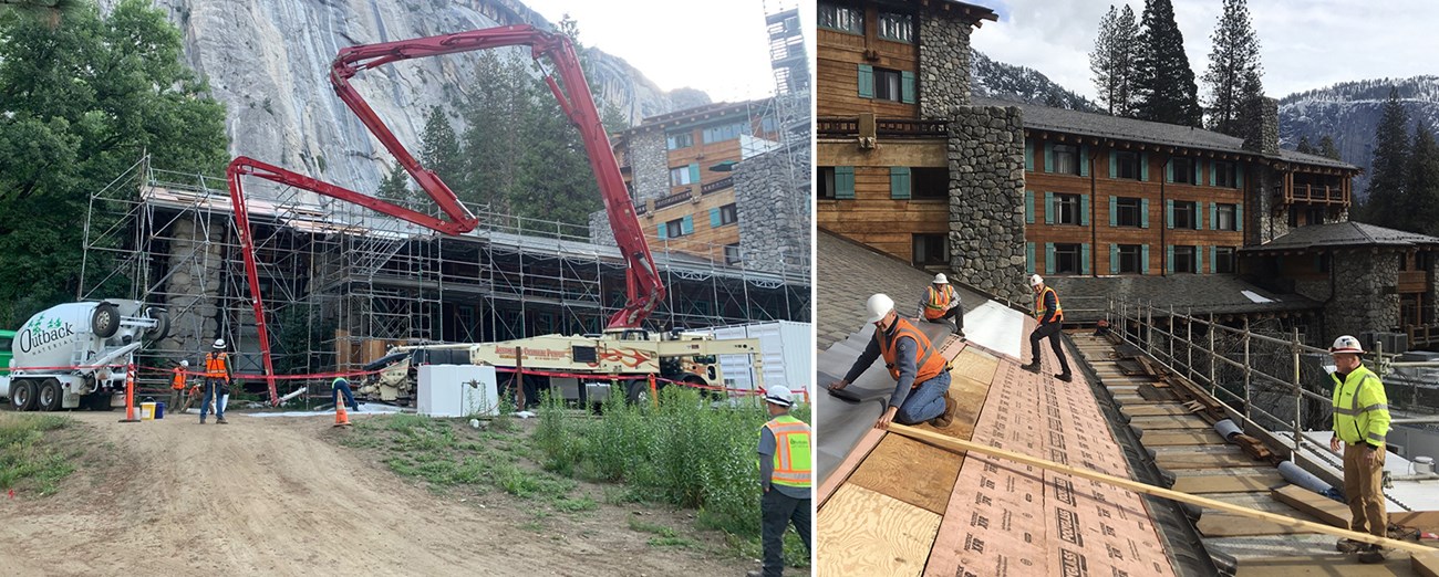 Left image: Work on the dining room roof; Right image: Pumping concrete at the dining room.