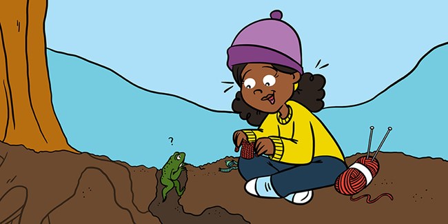 A cartoon of a scientist knitting a sweater for a frog.