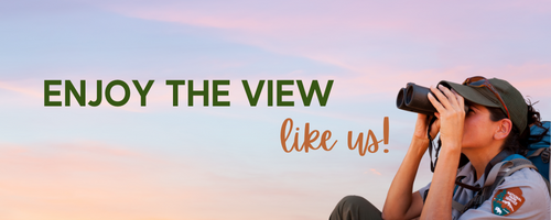 a banner for enjoy the view like us series with image of woman in nps uniform using binoculars