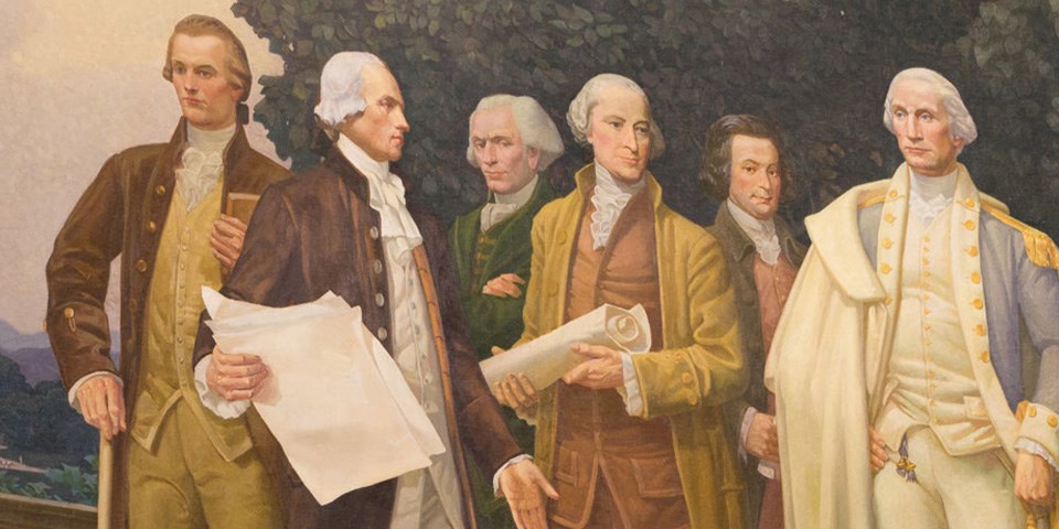 Framers of the Constitution with Elbridge Gerry showing disapproval