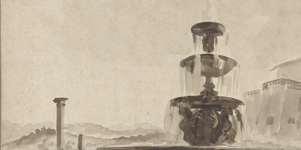 Water color of fountain spewing water.