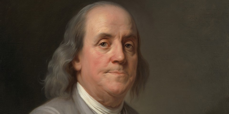 Close-up of an elderly Ben Franklin facing front-right
