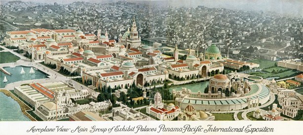Colorized aerial view of the Panama-Pacific International Exposition buildings.