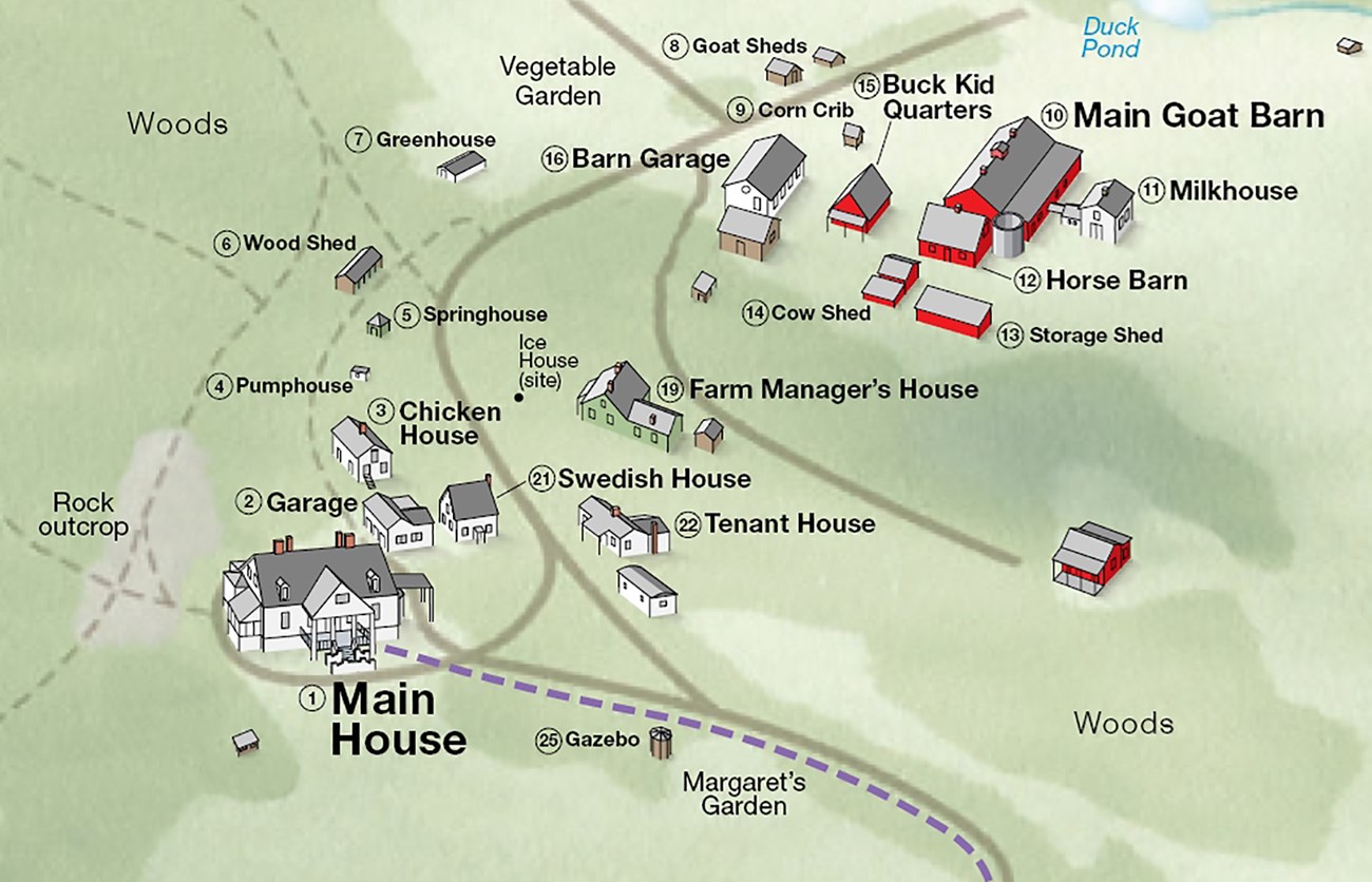 Illustrated map of park grounds with building outlines and titles