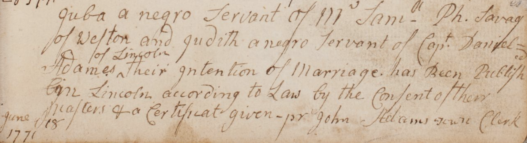 Jube Savage intention of Marriage document, June 18, 1771,  Lincoln Vital Records