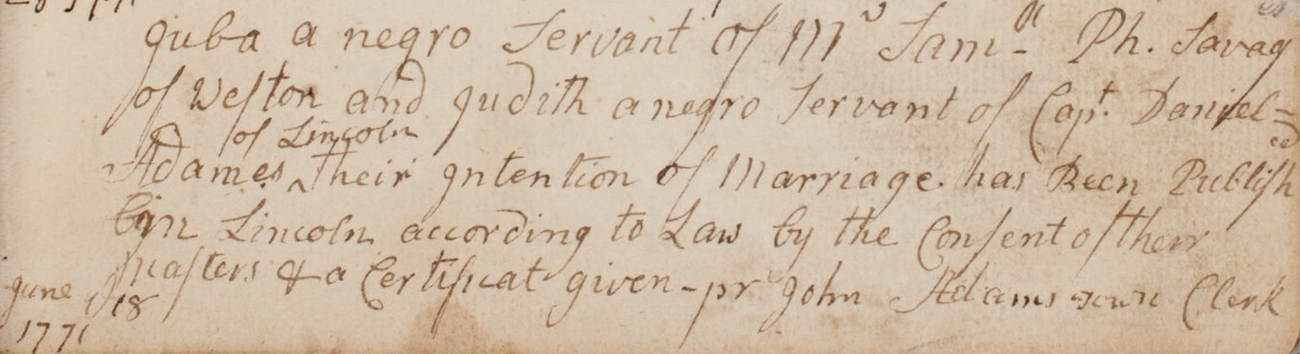 Jube Savage intention of Marriage document, June 18, 1771, Lincoln Vital Records