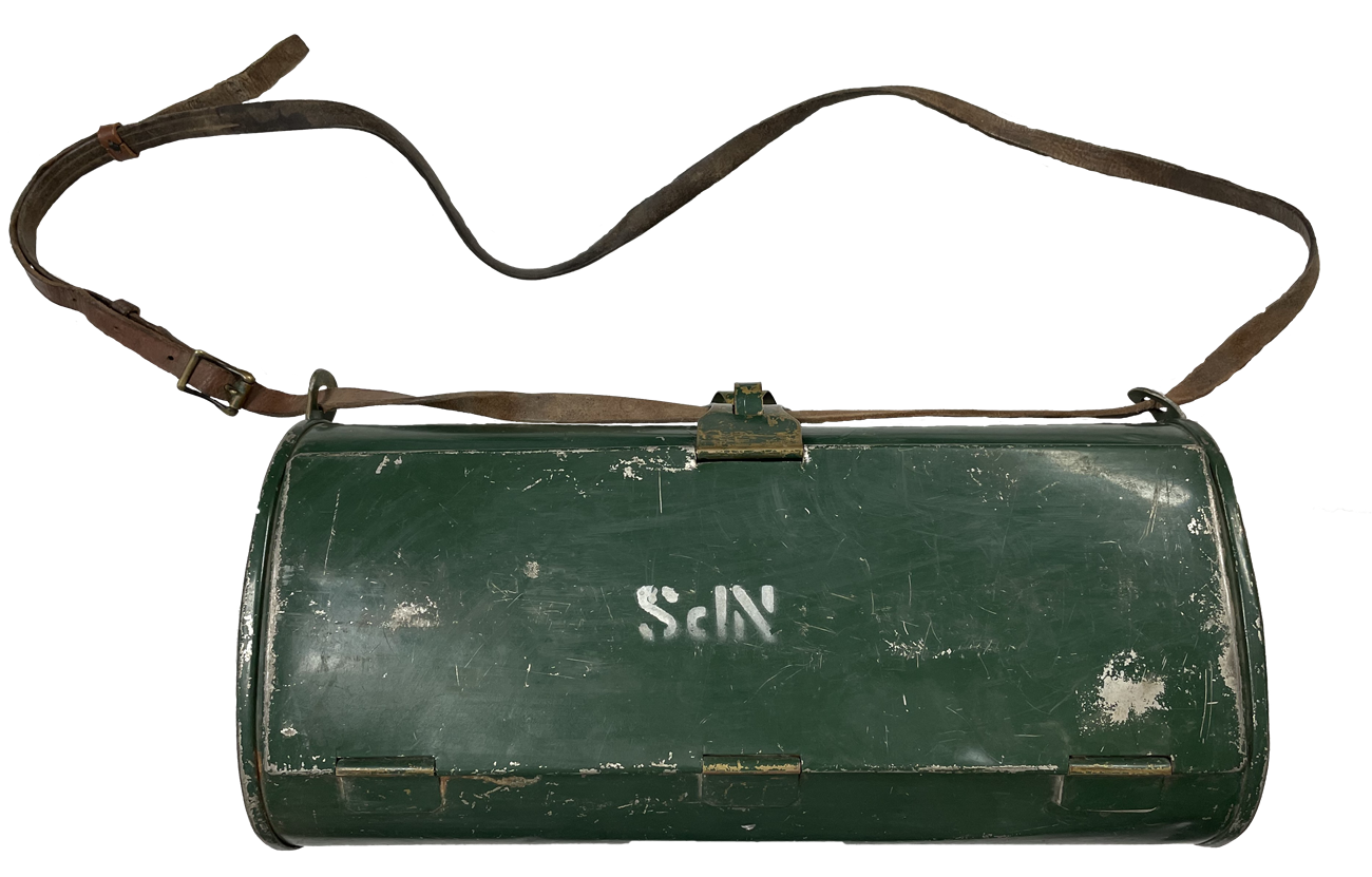 NPS vasculum Green oval container with NPS painted in white and a leather strap