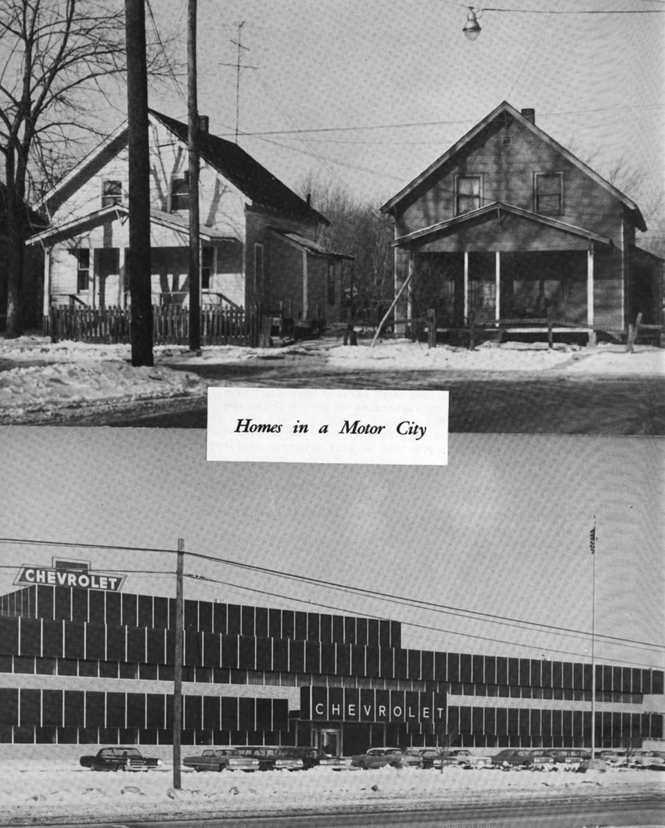 Black and white photos of houses and a Chevrolet automobile factory