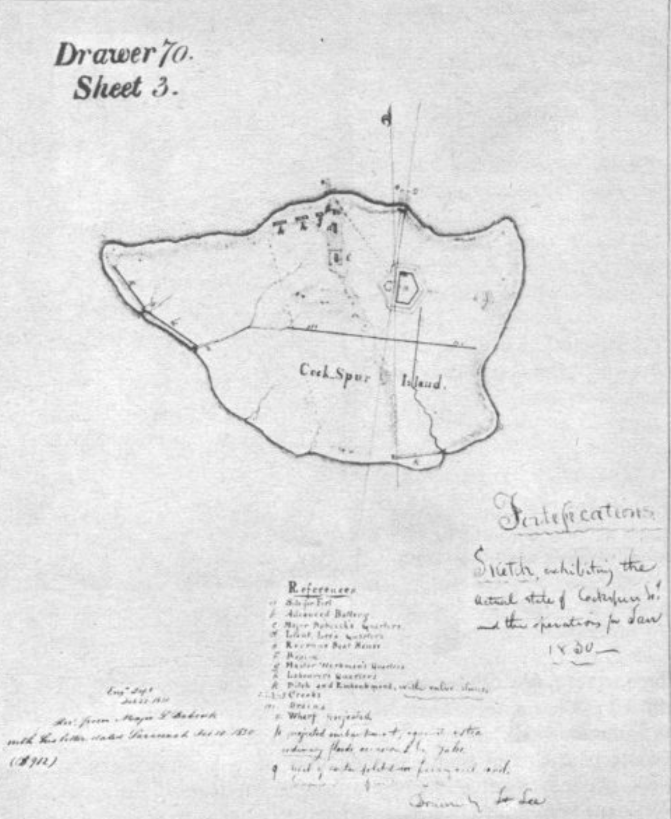 A hand drawn map of Cockspur Island.