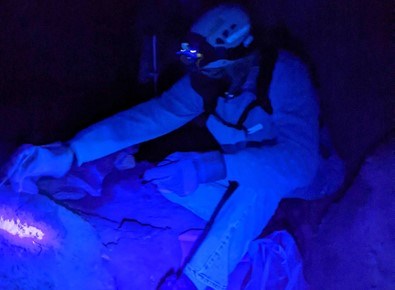 A volunteer using a blacklight to find lint on cave formations.