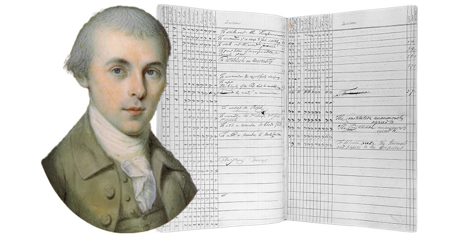 Portrait of James Madison overlapping an open book with vote tallies.