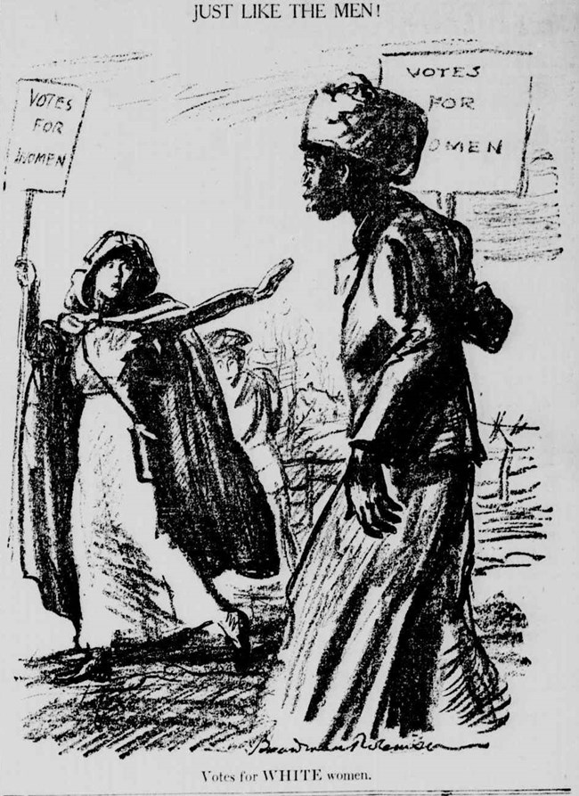 Political cartoon depicting the Woman Suffrage Procession negatively