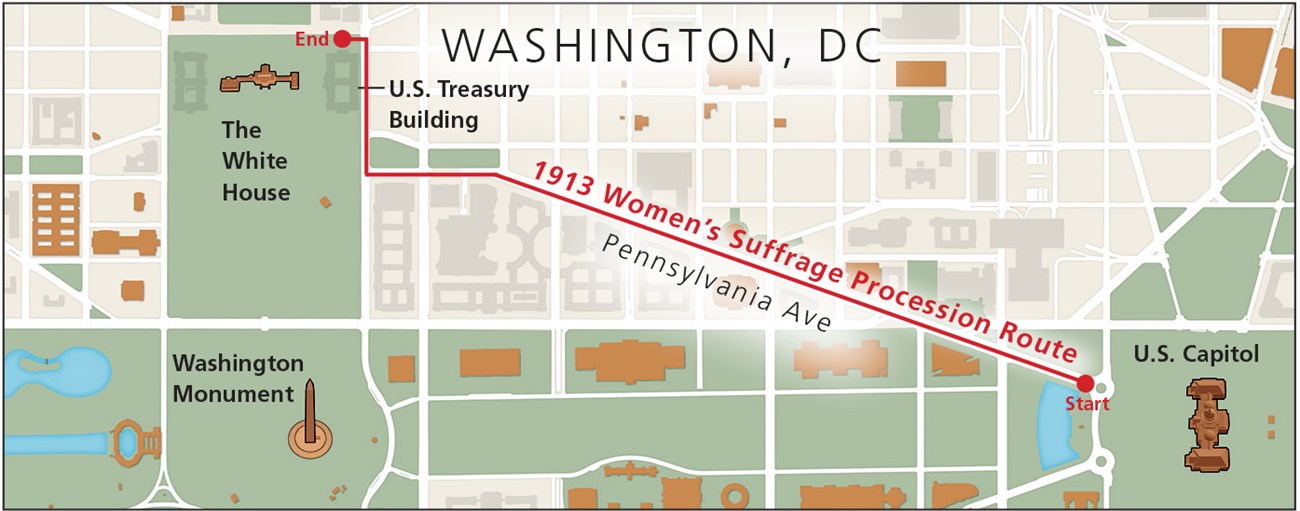 Map showing the route of the 1913 Women's Suffrage Procession Route in Washington DC