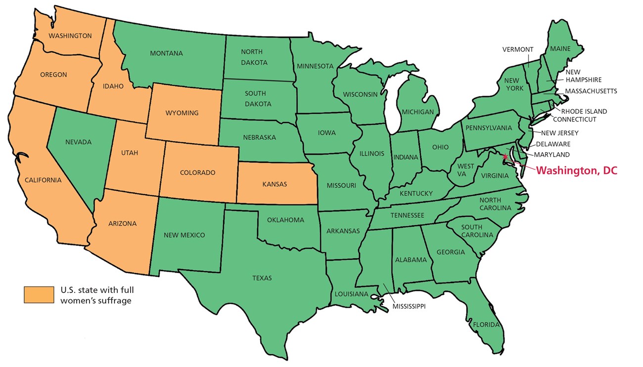 Map of the United States showing which states had full women's suffrage in 1913