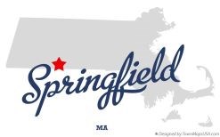 Gray outline of Massachusetts with a red star at bottom, slightly left of center. Large cursive Springfield superimposed.