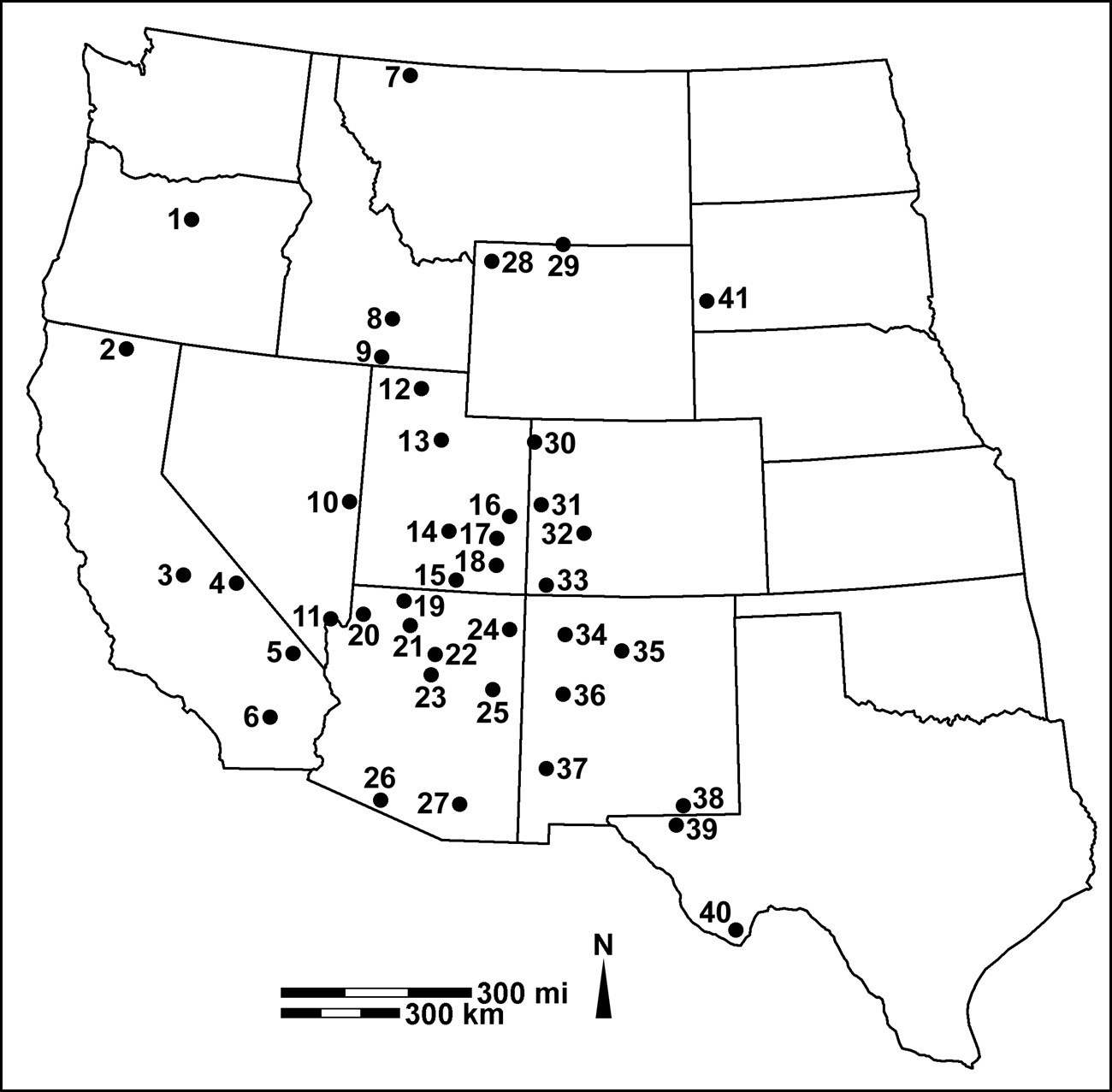 Map of the western United States with numbered location points indicating parks with known packrat middens.