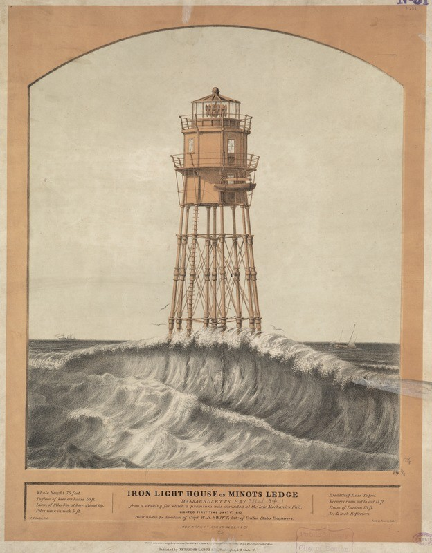 minots ledge light 1851 Drawing of a  lighthouse, a structure built on beams high over a rough sea