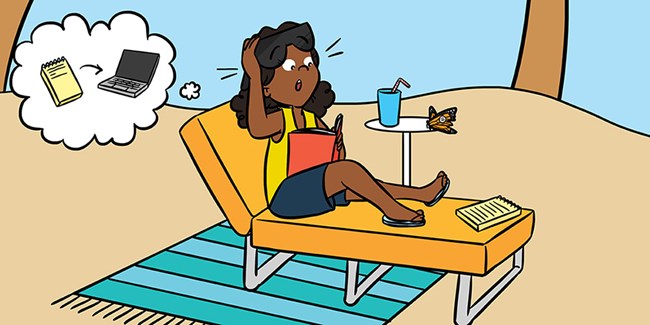 A cartoon of a woman on a lounge chair with a butterfly.