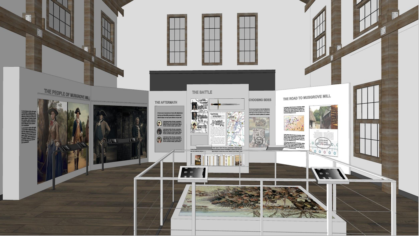 Exhibition space designed with historical displays with high ceilings, large windows, and exposed wooden beams. The exhibition focuses on the history of Musgrove Mill.