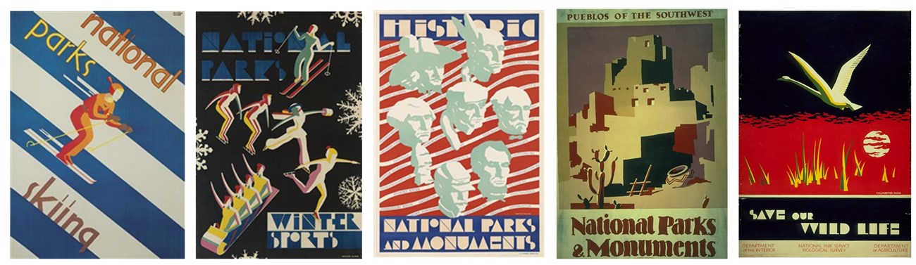 Collage of five posters featuring skiing, winter sports, heads of historical figures, a pueblo, and a flying bird.