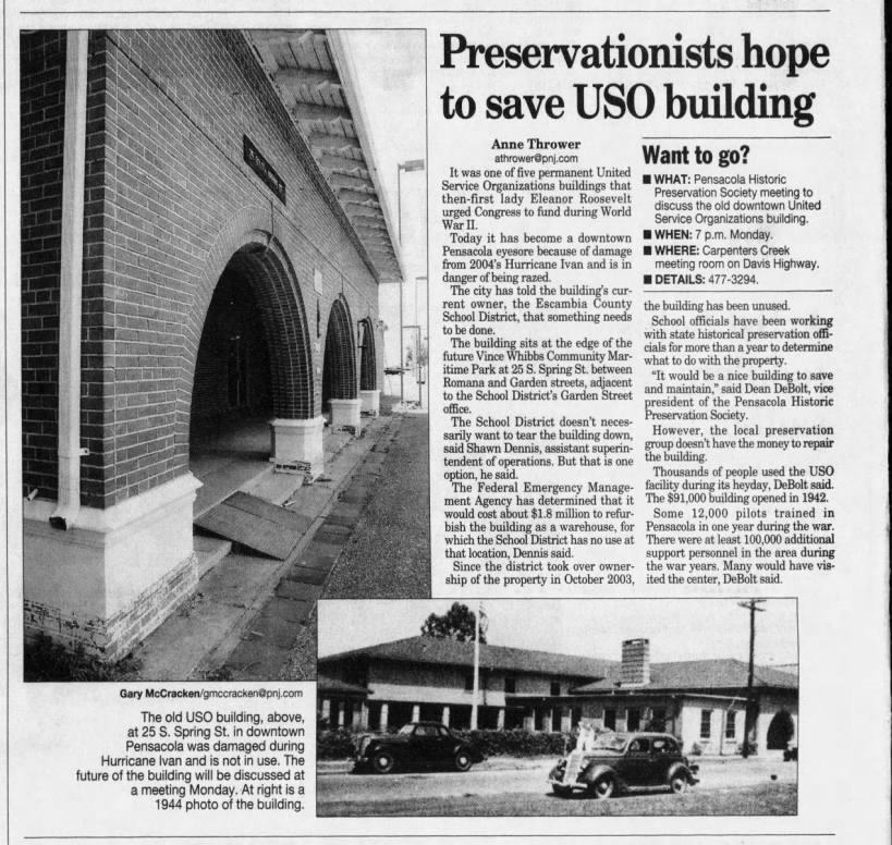 Newspaper article with two photos of a building and the headline "Preservationists hope to save USO building"