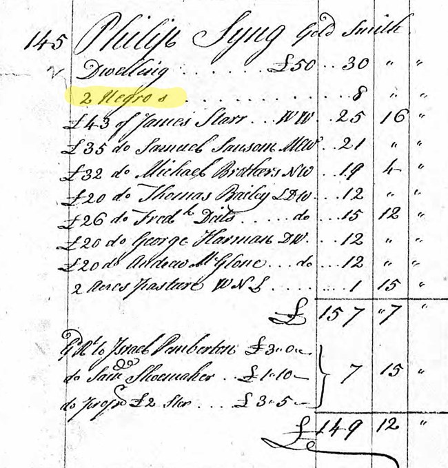 lt= Philip Syng list of possessions, includes are "2 negros"