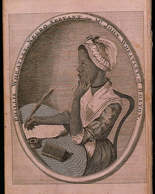 Phillis Wheatley Sketch engraving of a Black poet Phillis Wheatley sitting at a table.