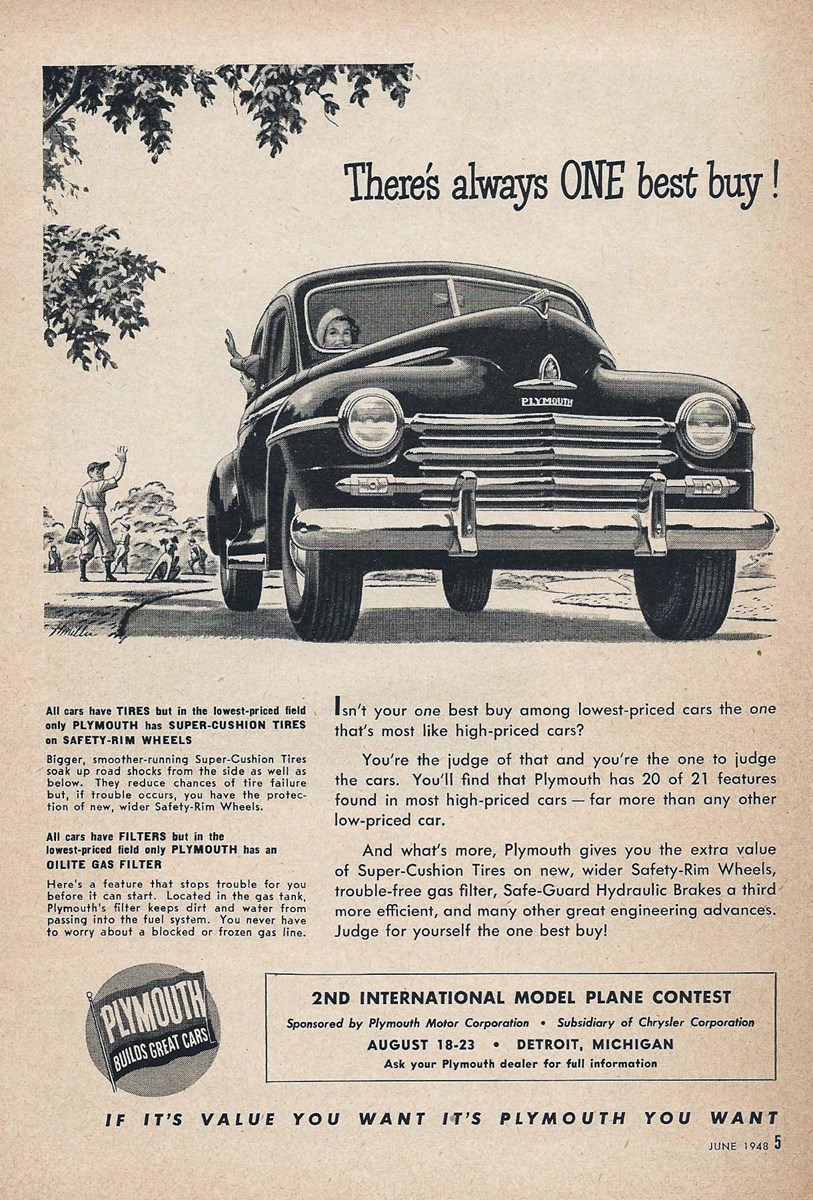 'If it's value you want it's Plymouth you want,' advertisement, Popular Science Monthly, June 1948