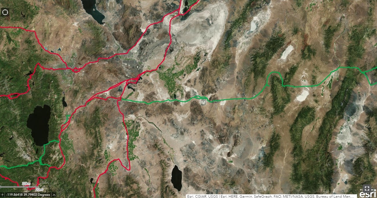 A map of western Nevada, with topography, showing a trail across the state.