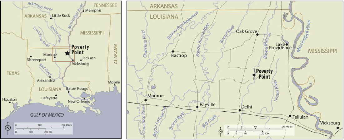 Figure 1A. Map of the Gulf Coast, centered on Louisiana, a star marking Poverty Point, Poverty Point State Historic Site, and Poverty Point National Monument, in northeast Louisiana.
