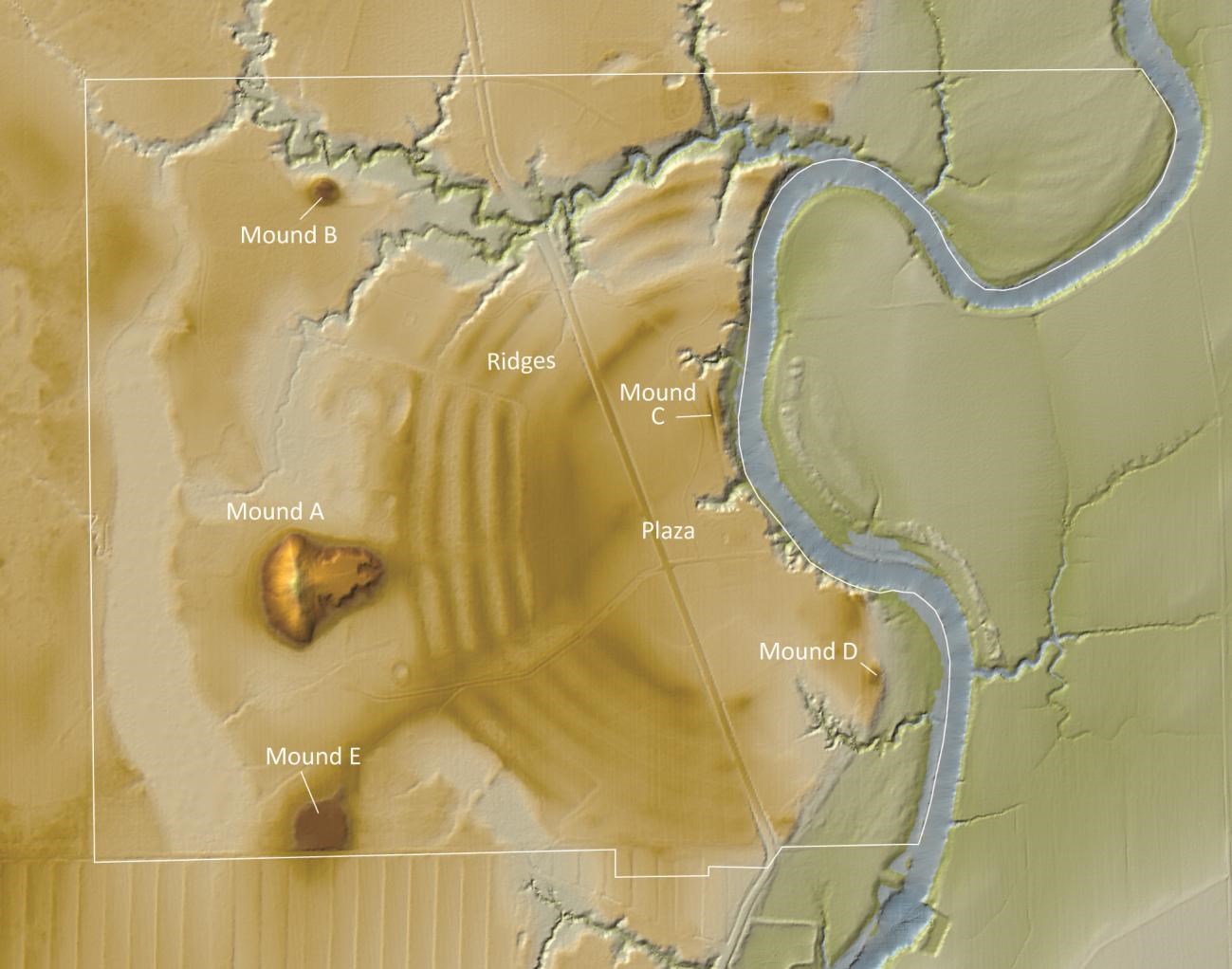 8 bare spots were visible. Animal burrowing was present and the trees were increasingly susceptible to windthrow.1 Figure 2. LiDAR map of Poverty Point, with earthworks labeled. LiDAR data are available courtesy of the State of Louisiana and the Federal E Figure 2: A LiDAR map of Poverty Point, with earthworks labeled. Mound A, the largest, lies to the west, Mound B lies to the north along a tributary waterway, and Mound E lies to the south. Amphitheatre shaped earthworks in a handful of segments, terraced