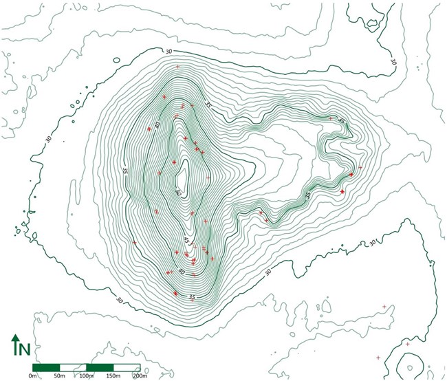 A scale topographical relief map of Mound A which shows locations of exposed roots removed for dendromorphological analysis as a series of red dots. North is top.