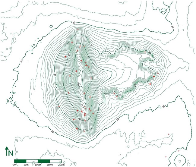 Figure 8. Map of Mound A showing locations of exposed roots removed for dendrogeomorphological analysis. A scale topographical relief map of Mound A which shows locations of exposed roots removed for dendromorphological analysis as a series of red dots. North is top.