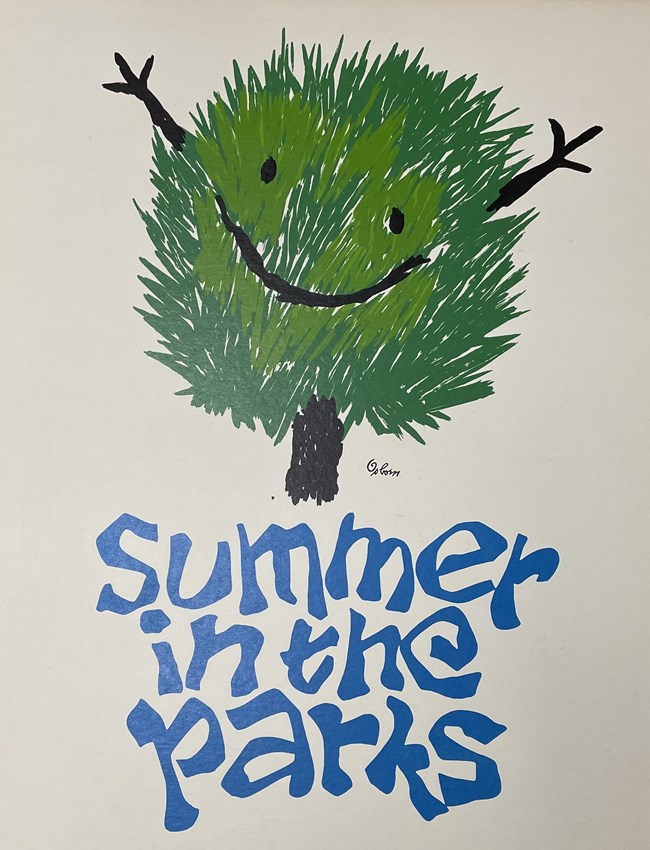 Bushy tree with smiling face and stick arms thrown upward