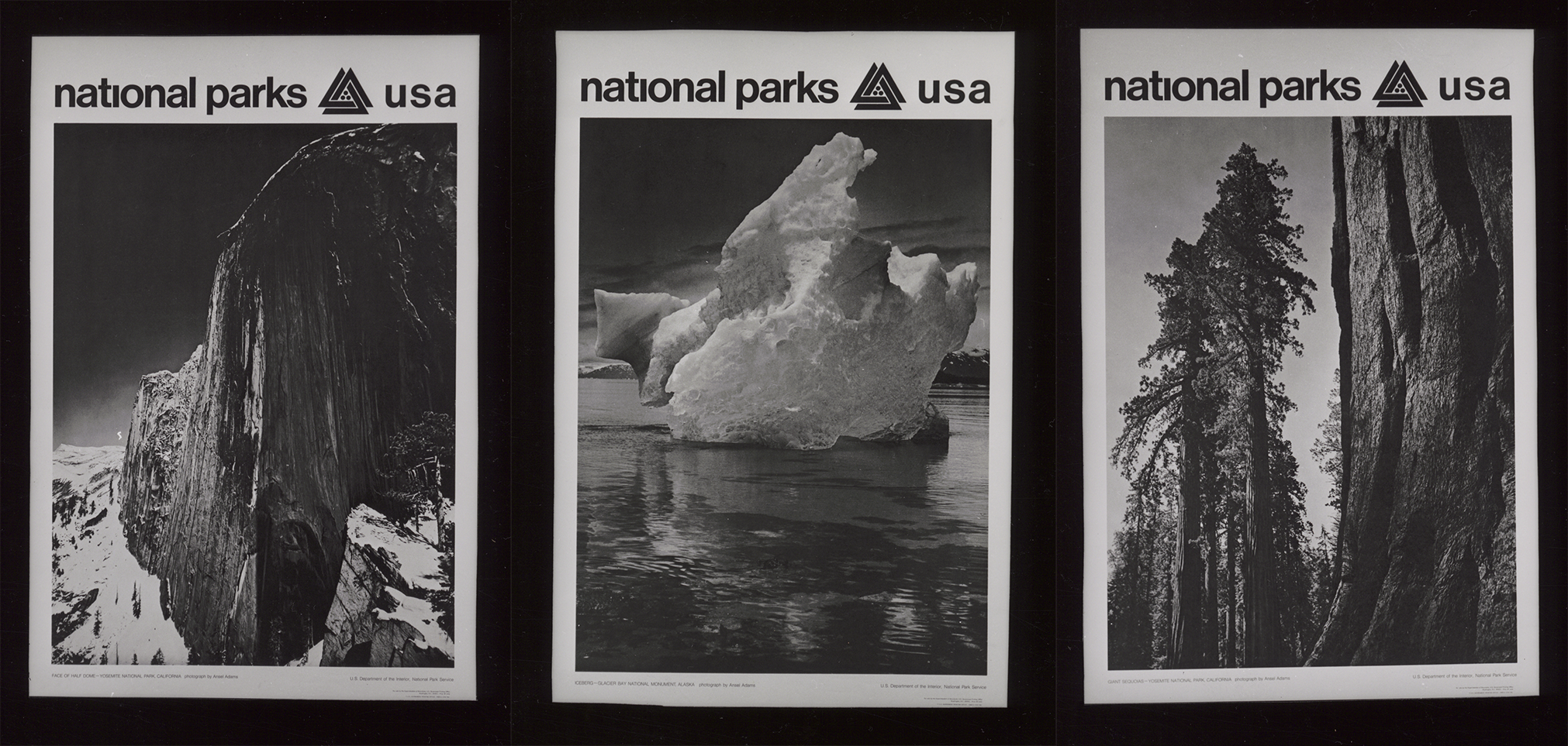 Three side by side posters featuring Half dome, a glacier, and a granite rock face.