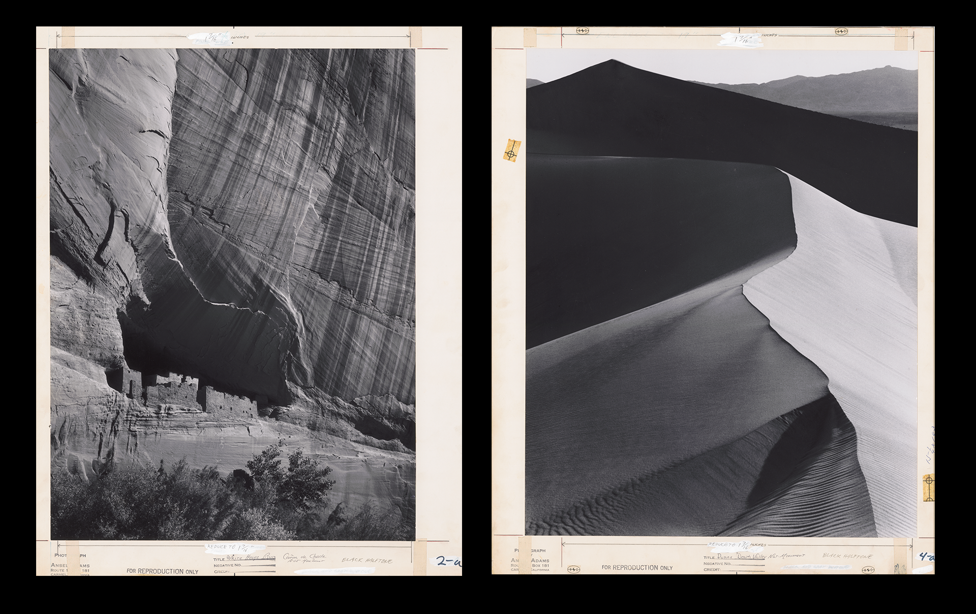 A black and white proofs of cliff dwelling next to one of vast sand dunes.