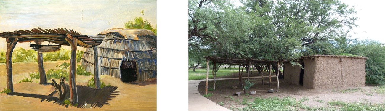 (Left photo) A color gouache painting of a ramada and mud dwelling. (Right) A photo of a ramada and adobe dwelling.